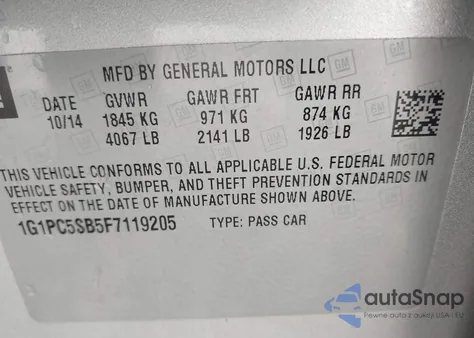 2015 Chevrolet Cruze 1Lt Auto z USA, uszkodzony, nr VIN 1G1PC5SB5F7119205